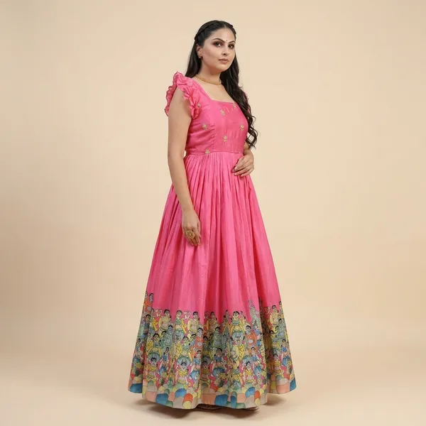 Pink_Designer_Dola_Silk_Printed_Gown_Sleeveless_Fancy_Square_Neck_Ready_To_Wear_Dress
