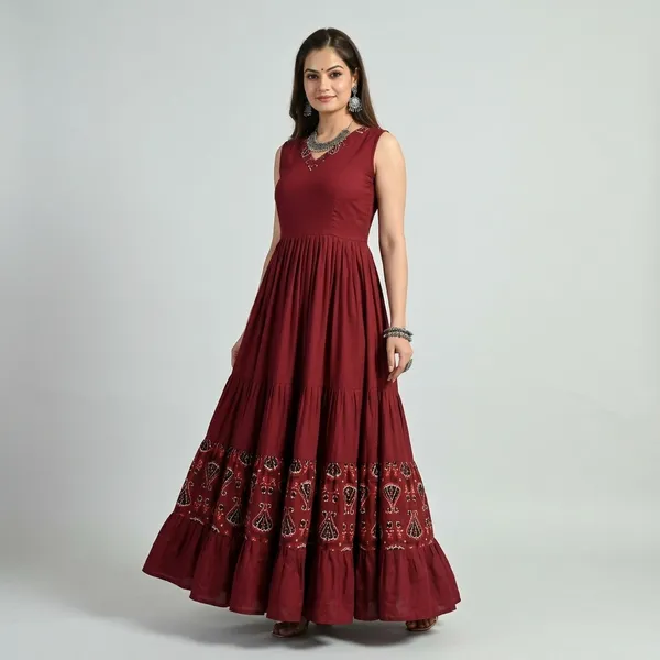 Maroon_Designer_Heavy_Rayon_Gown_With_Printed_Frill_And_Fancy_V_Neck