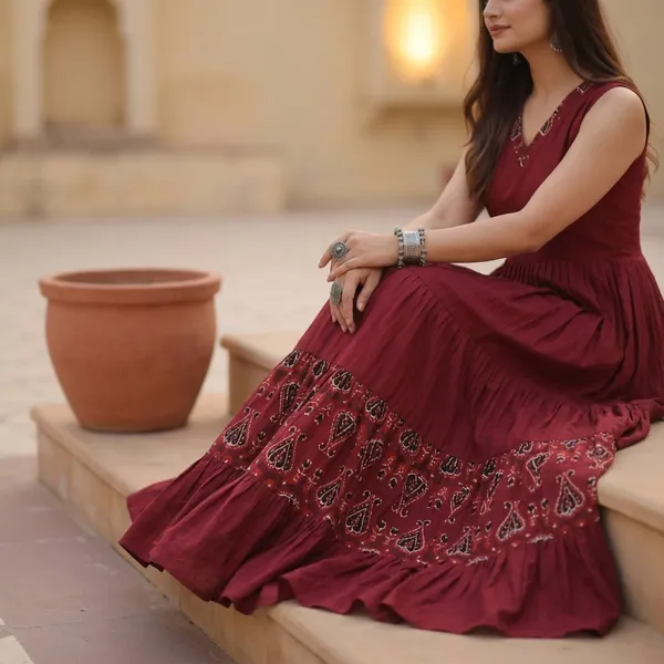 Maroon_Designer_Heavy_Rayon_Gown_With_Printed_Frill_And_Fancy_V_Neck