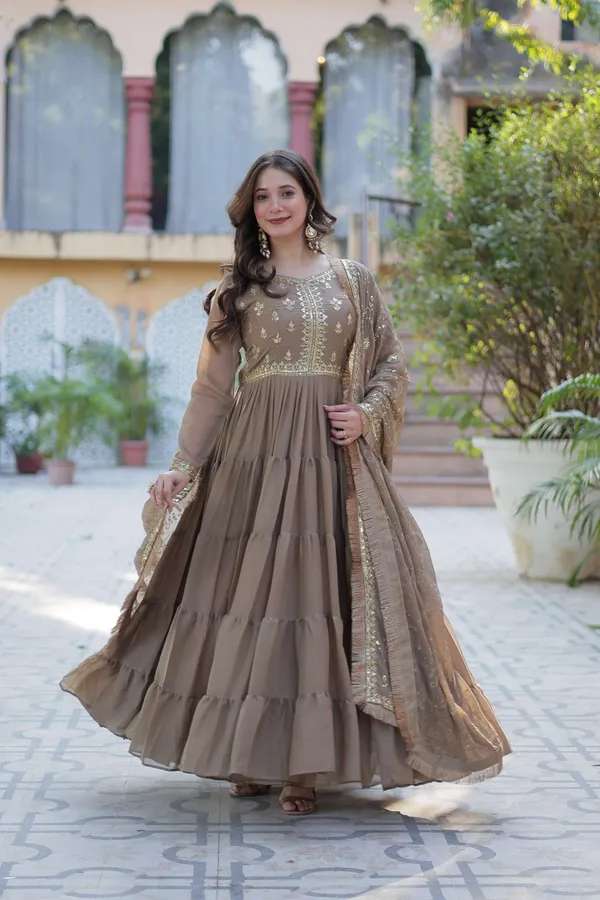 Brown_Star_Georgette_Fully_Flared_Gown_With_Sequins_Embroidered_Dupatta_And_Lace_Border