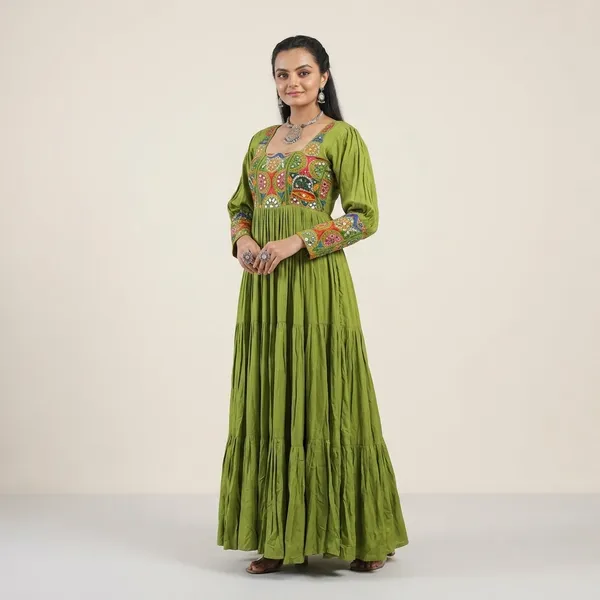 Parrot_Green_Navratri_Special_Rayon_Designer_Gown_With_Kutchi_Gamthi_Work_Flared_Ethnic_Wear_For_Women