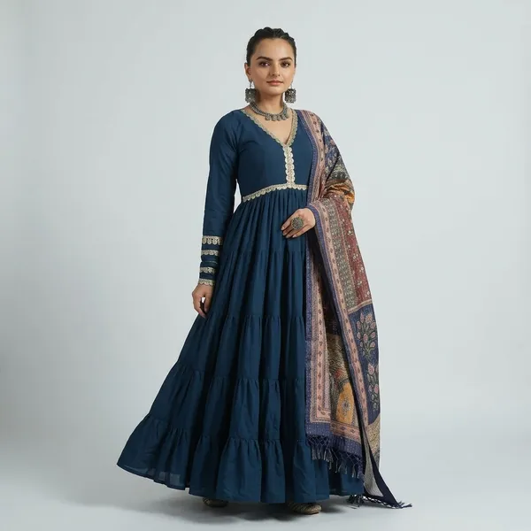 Blue_Gown_With_Dupatta_Frill_Stitching_And_Mirror_Lace_Work_Ethnic_Set_For_Women