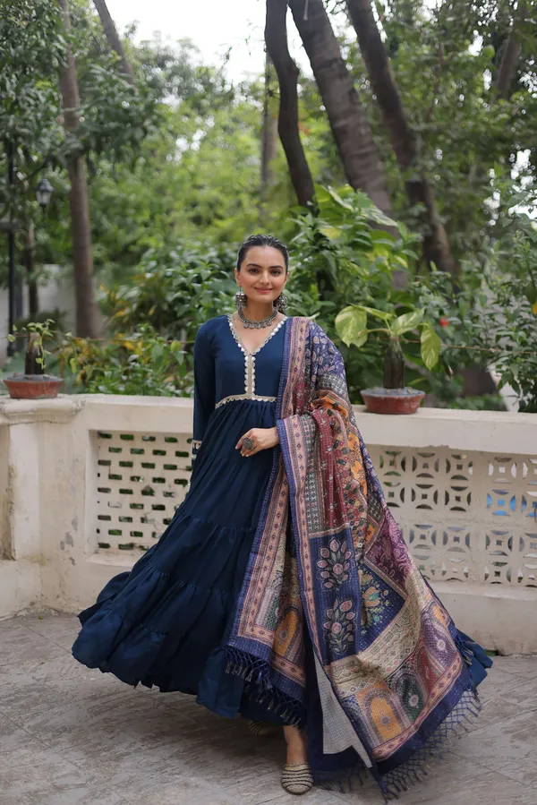 Blue_Gown_With_Dupatta_Frill_Stitching_And_Mirror_Lace_Work_Ethnic_Set_For_Women