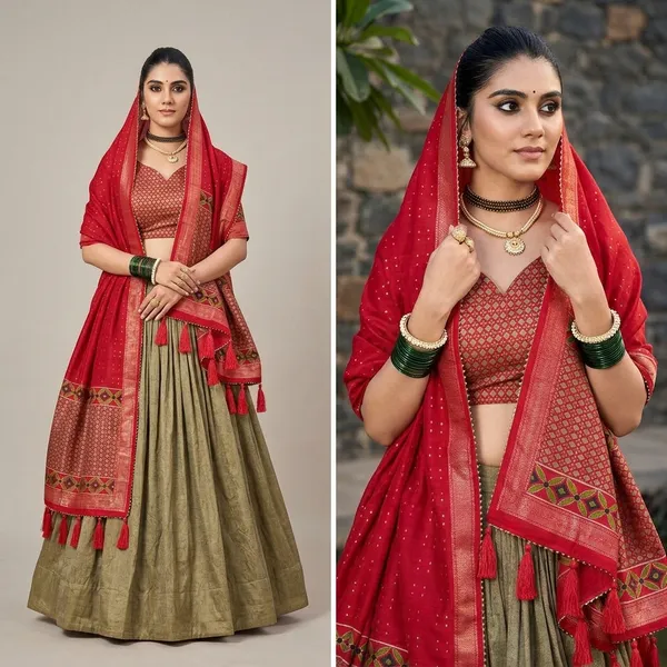 Green_Tussar_Silk_Lehenga_Choli_With_Red_Blouse_Floral_And_Foil_Print_Wedding_And_Festive_Wear