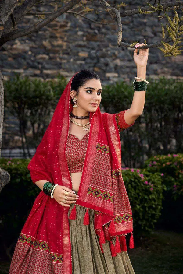 Green_Tussar_Silk_Lehenga_Choli_With_Red_Blouse_Floral_And_Foil_Print_Wedding_And_Festive_Wear