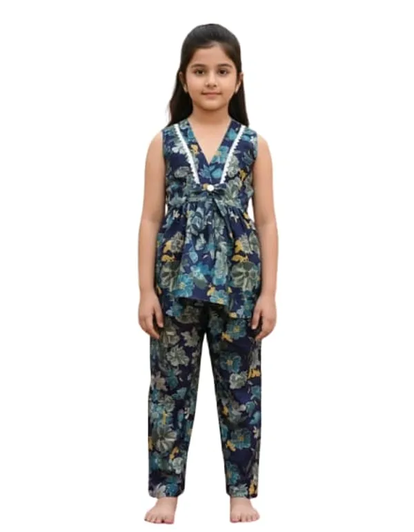Yellow_Floral_Print_Kurta_Pajama_Set_And_Blue_Floral_Printed_Sleeveless_Jumpsuit_For_Girls_Pack_Of_4