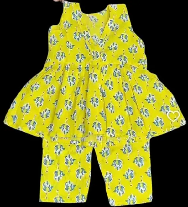 Green_Floral_Peplum_Top_And_Palazzo_Set_And_Yellow_Floral_Print_Frock_With_Leggings_Set_For_Girls_Pack_Of_4