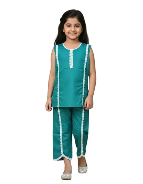 Teal_And_Blue_White_Lace_Trim_Kurta_Pajama_Set_For_Girls_Pack_Of_2