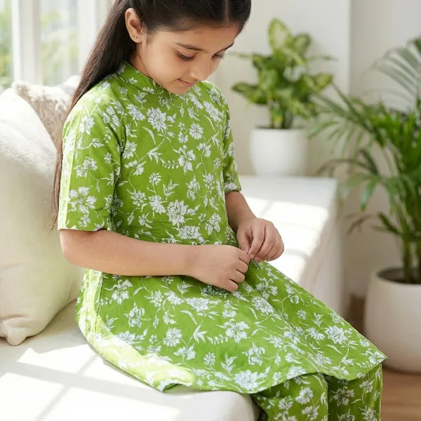 Green_Floral_Printed_Kurta_Set_For_Girls_Pack_Of_2