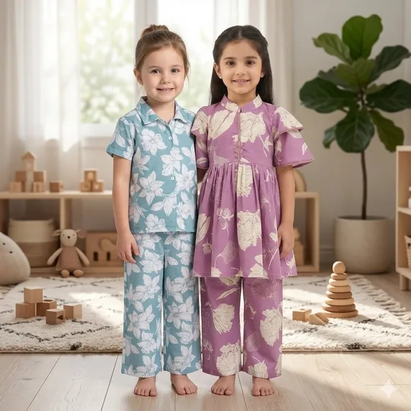 Purple_Floral_Print_Dress_With_Matching_Pants_Set_And_Blue_Floral_Printed_Co_Ord_Set_Short_Sleeve_Shirt_And_Palazzo_Pants_For_Girls_Pack_Of_4