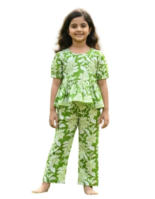 Green_Floral_Peplum_Top_And_Palazzo_Set_And_Yellow_Floral_Print_Frock_With_Leggings_Set_For_Girls_Pack_Of_4