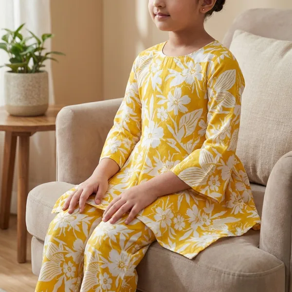 Yellow_Floral_Print_Kurta_Pajama_Set_And_Blue_Floral_Printed_Sleeveless_Jumpsuit_For_Girls_Pack_Of_4