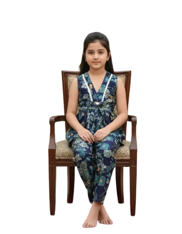 Yellow_Floral_Print_Kurta_Pajama_Set_And_Blue_Floral_Printed_Sleeveless_Jumpsuit_For_Girls_Pack_Of_4
