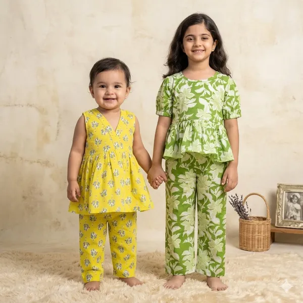 Green_Floral_Peplum_Top_And_Palazzo_Set_And_Yellow_Floral_Print_Frock_With_Leggings_Set_For_Girls_Pack_Of_4