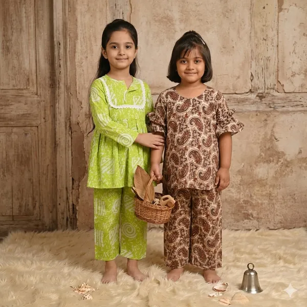 Pink_And_White_Paisley_Print_Ruffle_Sleeves_Co-Ord_Set_And_Green_Printed_Ethnic_Kurta_Pajama_Set_For_Girls_Pack_Of_4