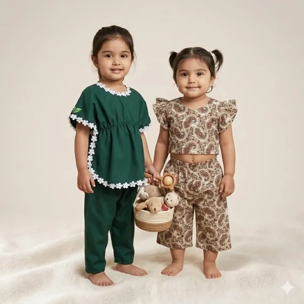 Paisley_Print_Co-Ord_Set_With_Ruffled_Sleeves_And_Green_White_Lace_Trim_Ethnic_Cotton_Top_And_Pant_Set_For_Kids_Pack_Of_4