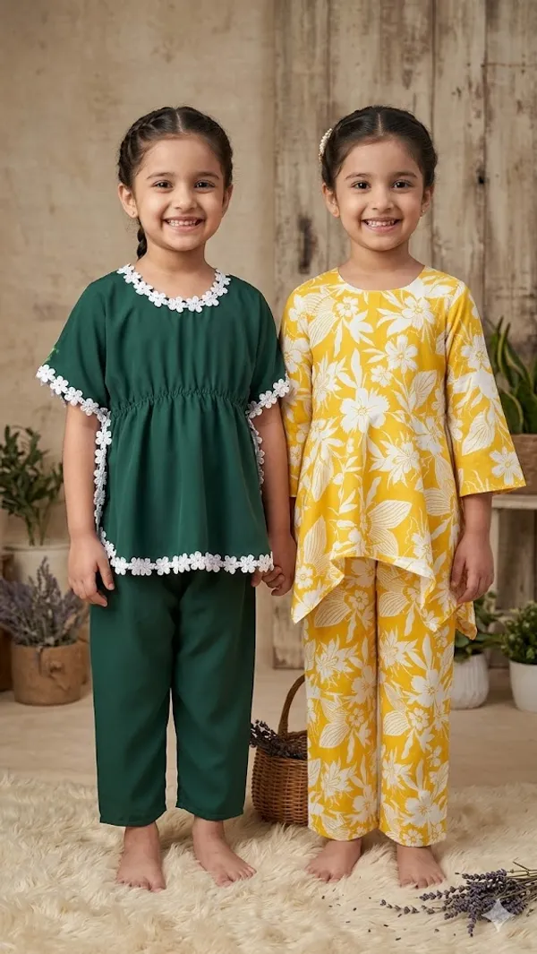 Yellow_Floral_Print_Kurta_Pajama_Set_And_Green_White_Lace_Trim_Ethnic_Cotton_Top_And_Pant_Set_For_Girls_Pack_Of_4