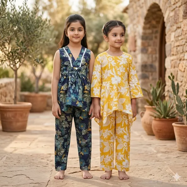 Yellow_Floral_Print_Kurta_Pajama_Set_And_Blue_Floral_Printed_Sleeveless_Jumpsuit_For_Girls_Pack_Of_4