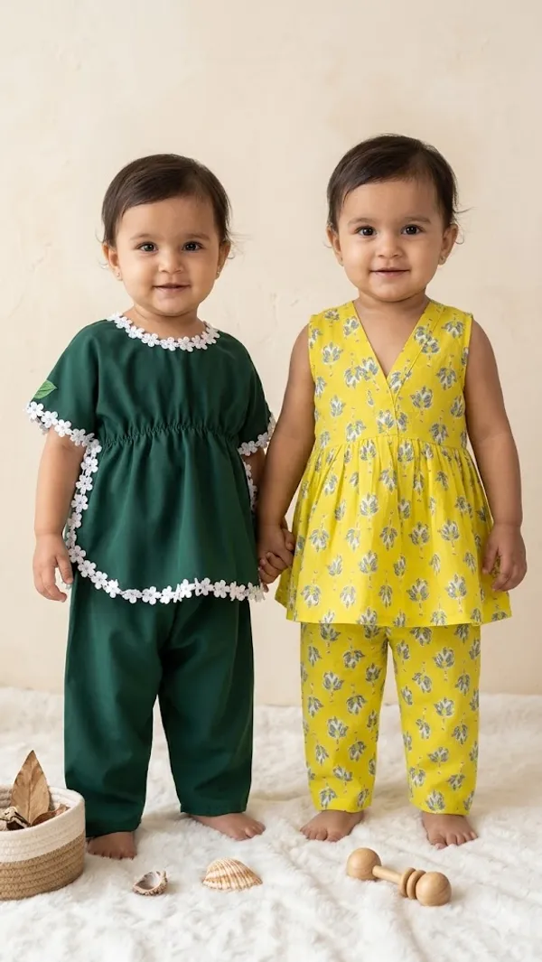 Yellow_Floral_Print_Frock_With_Leggings_Set_For_And_Green_White_Lace_Trim_Ethnic_Cotton_Top_And_Pant_Set_For_Girl_Pack_Of_4