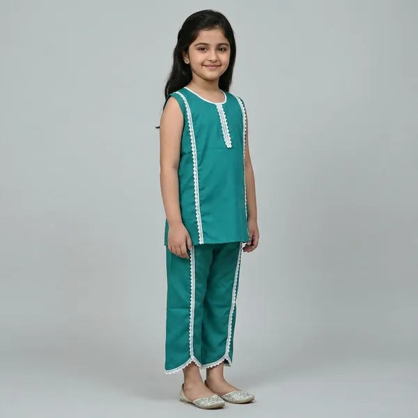 Teal_And_Blue_White_Lace_Trim_Kurta_Pajama_Set_For_Girls_Pack_Of_2