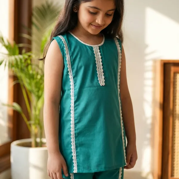 Teal_And_Blue_White_Lace_Trim_Kurta_Pajama_Set_For_Girls_Pack_Of_2