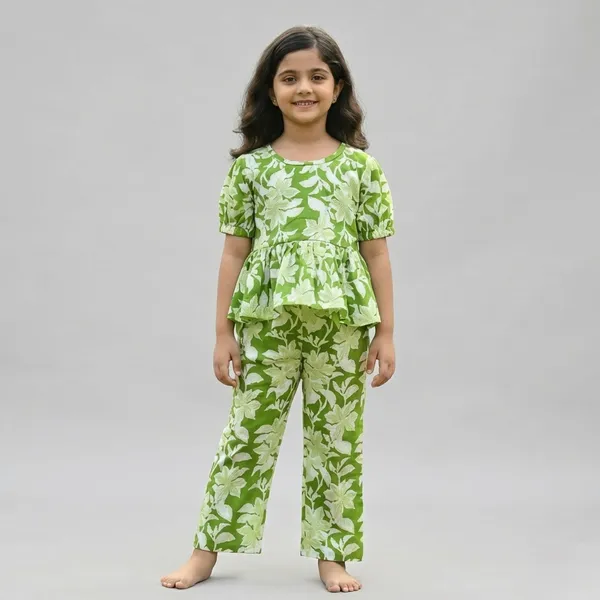 Green_Floral_Peplum_Top_And_Palazzo_Set_And_Yellow_Floral_Print_Frock_With_Leggings_Set_For_Girls_Pack_Of_4