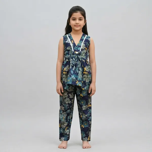 Yellow_Floral_Print_Kurta_Pajama_Set_And_Blue_Floral_Printed_Sleeveless_Jumpsuit_For_Girls_Pack_Of_4