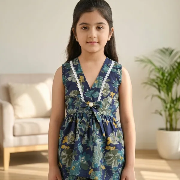 Yellow_Floral_Print_Kurta_Pajama_Set_And_Blue_Floral_Printed_Sleeveless_Jumpsuit_For_Girls_Pack_Of_4