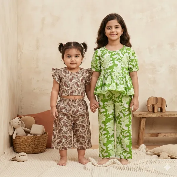 Paisley_Print_Co-Ord_Set_With_Ruffled_Sleeves_And_Green_Floral_Peplum_Top_And_Palazzo_Set_For_Kids_Pack_Of_4