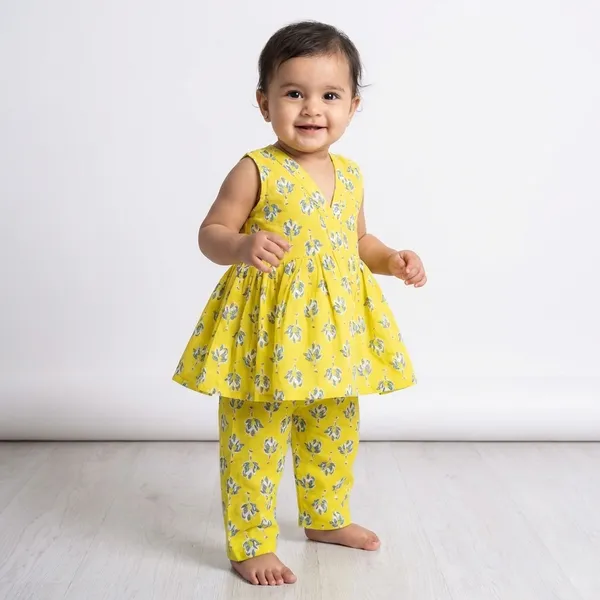Green_Floral_Peplum_Top_And_Palazzo_Set_And_Yellow_Floral_Print_Frock_With_Leggings_Set_For_Girls_Pack_Of_4