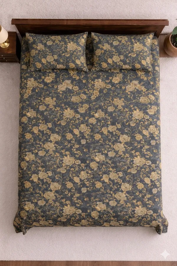 Grey_Cotton_Unique_Floral_Double_Bedsheet_With_210_Thread_Count