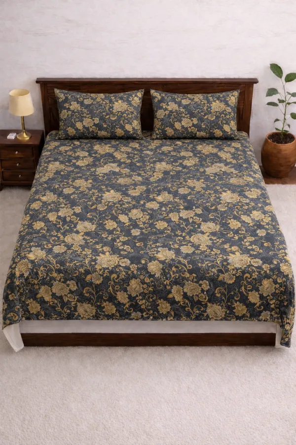 Grey_Cotton_Unique_Floral_Double_Bedsheet_With_210_Thread_Count