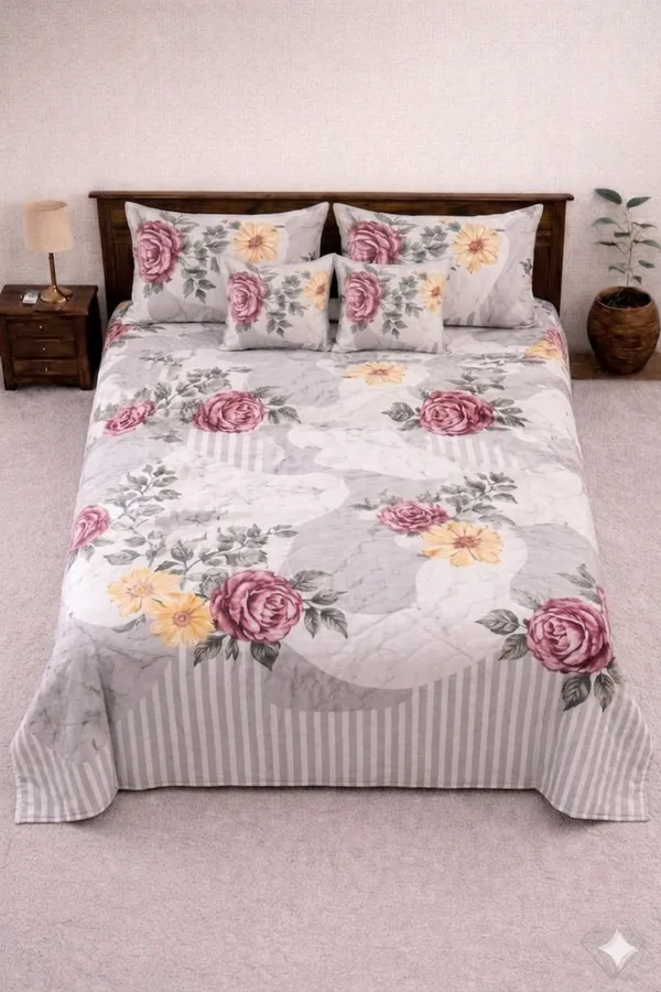 White_And_Grey_Cotton_5_Pc_Bedding_Set_With_210_Thread_Count