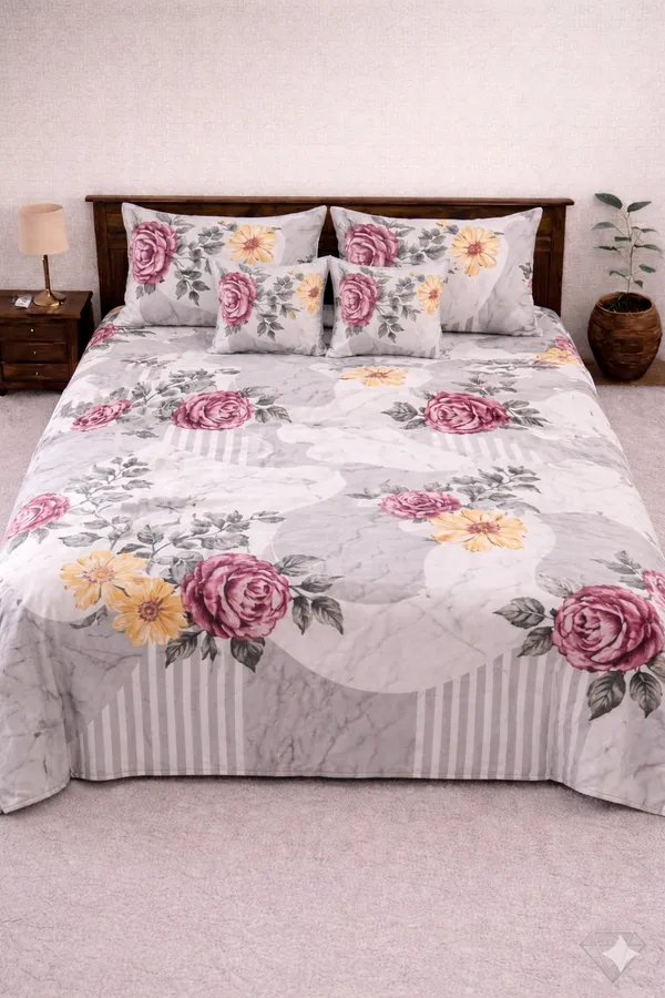 White_And_Grey_Cotton_5_Pc_Bedding_Set_With_210_Thread_Count
