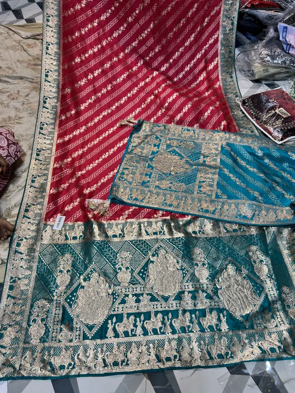 Red_And_Teal_Blue_Dola_Silk_Saree_With_Zari_Work