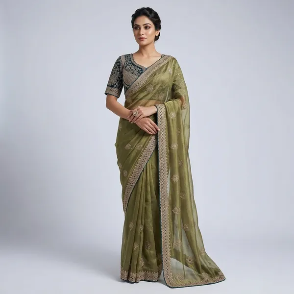 Olive_Green_Golden_Saree_With_Heavy_Work_And_Peacock_Blue_Blouse