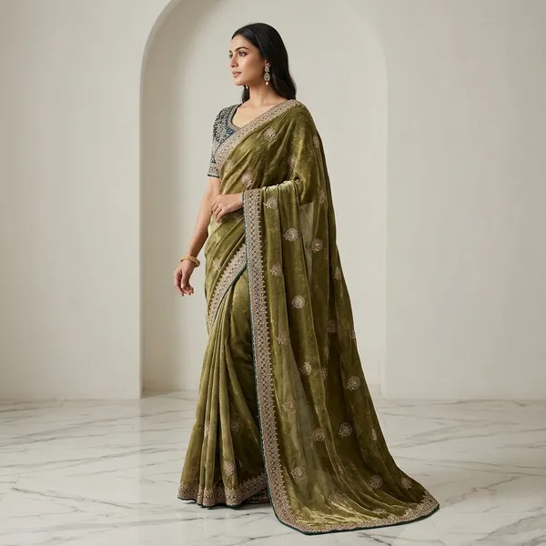 Olive_Green_Golden_Saree_With_Heavy_Work_And_Peacock_Blue_Blouse