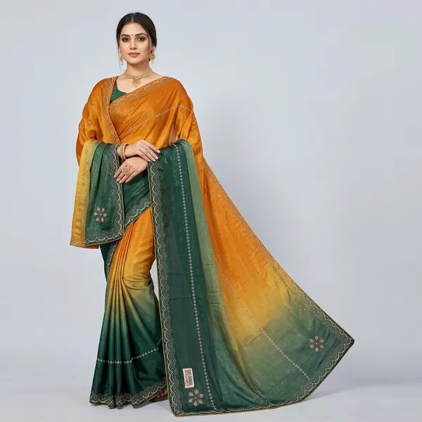 Yellow_And_Green_Ombre_Frendy_Satin_Saree_With_Floral_Motif_Dupatta