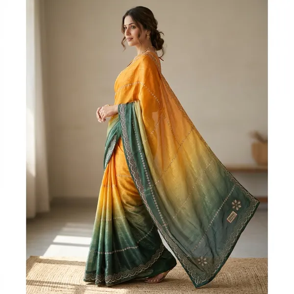 Yellow_And_Green_Ombre_Frendy_Satin_Saree_With_Floral_Motif_Dupatta