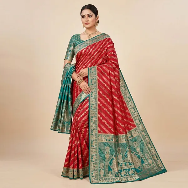 Red_And_Teal_Blue_Dola_Silk_Saree_With_Zari_Work