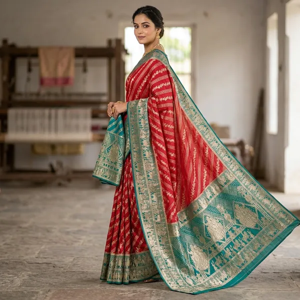 Red_And_Teal_Blue_Dola_Silk_Saree_With_Zari_Work