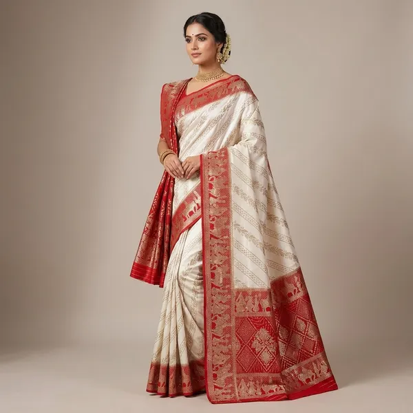 Red_And_White_Embroidered_Dola_Silk_Saree_With_Intricate_Zari_Work_And_Dupatta