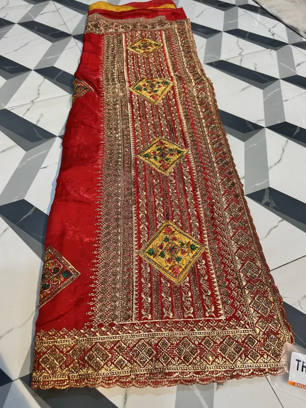 Red_Bridal_Fendy_Satin_Saree_With_Gold_Zari_Work_And_Yellow_Contrast_Blouse