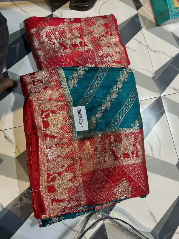 Red_And_Teal_Blue_Dola_Silk_Saree_With_Dupatta_And_Golden_Border
