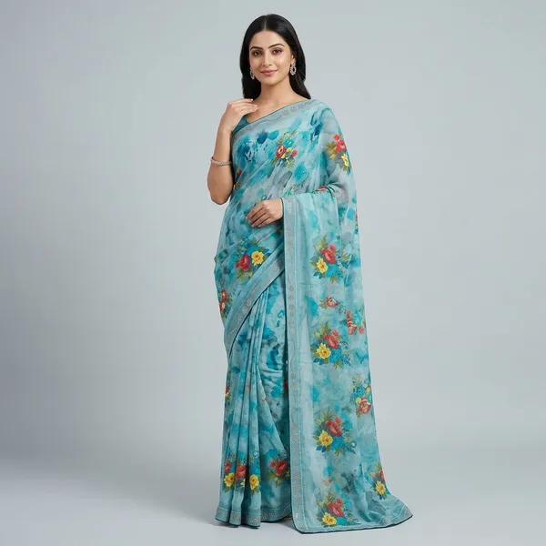 Turquoise_Blue_Floral_Print_Dola_Silk_Saree_With_Embellished_Border