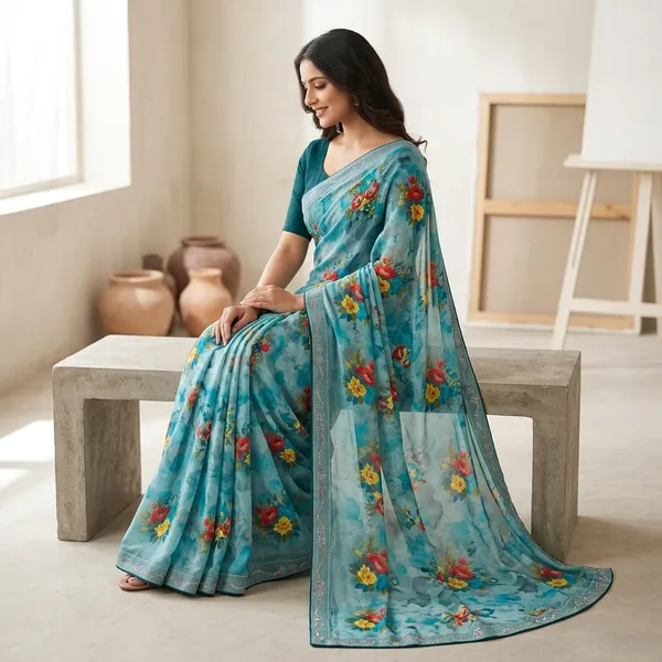 Turquoise_Blue_Floral_Print_Dola_Silk_Saree_With_Embellished_Border