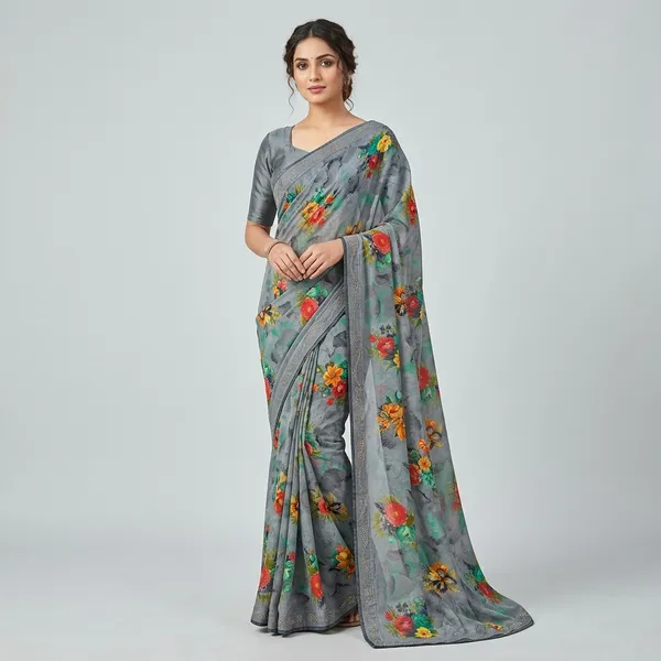 Grey_Floral_Print_Dola_Silk_Saree_With_Rhinestone_Border