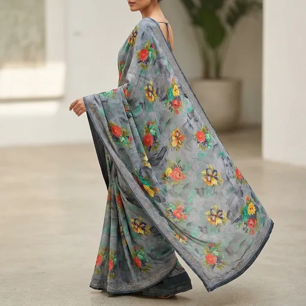 Grey_Floral_Print_Dola_Silk_Saree_With_Rhinestone_Border