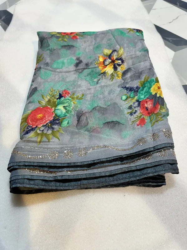 Grey_Floral_Print_Dola_Silk_Saree_With_Rhinestone_Border