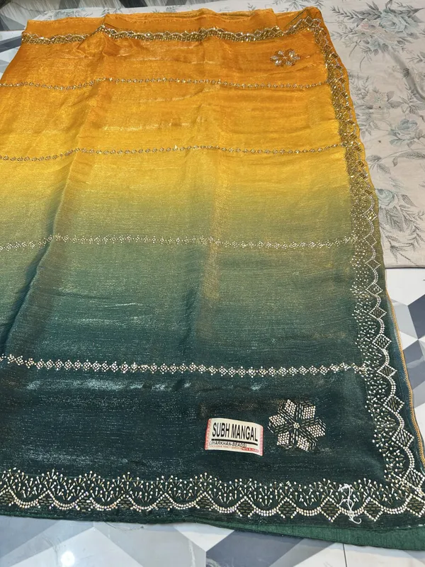 Yellow_And_Green_Ombre_Frendy_Satin_Saree_With_Floral_Motif_Dupatta